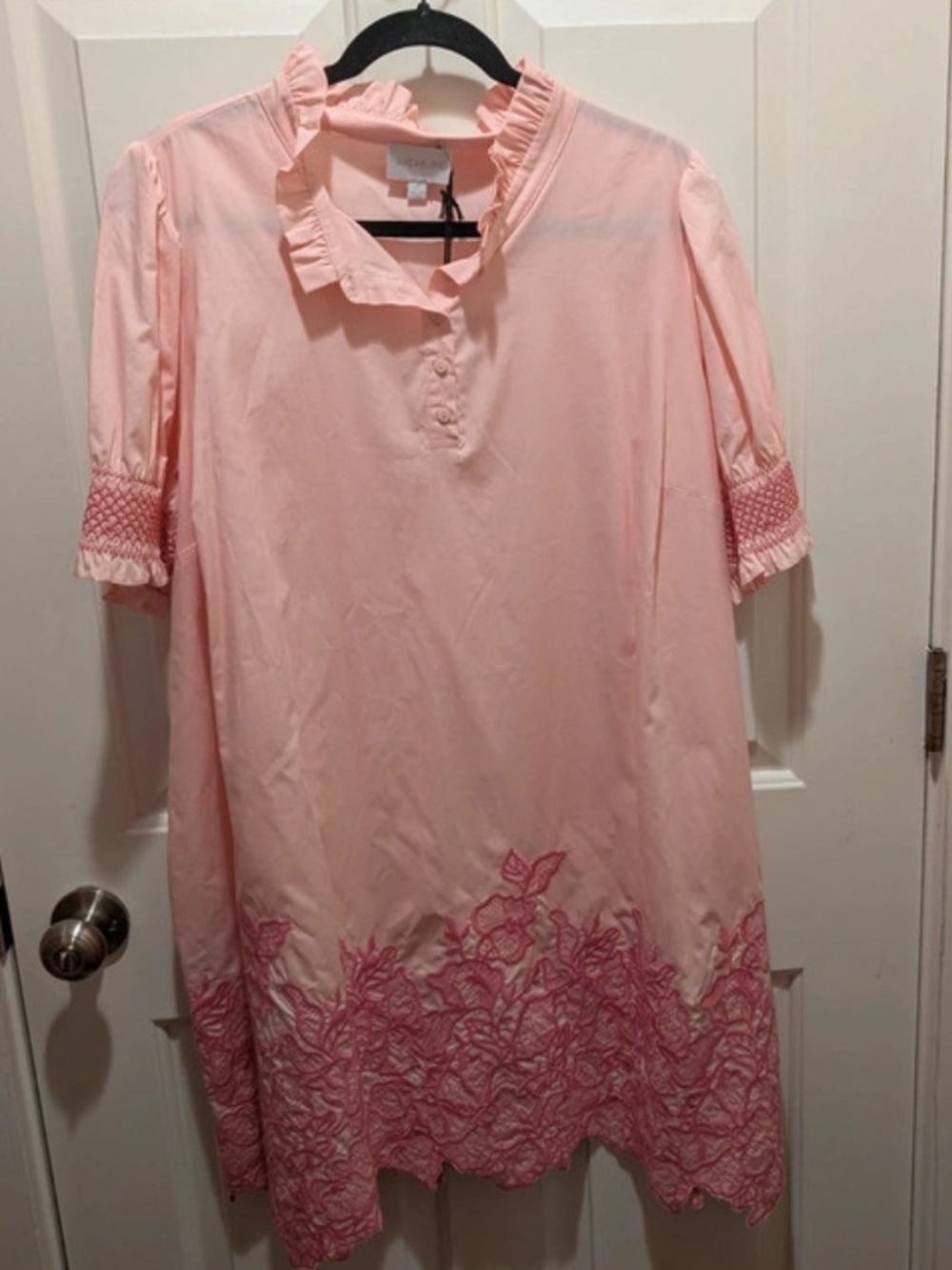 SugarLips Pink Embroidered Shift Dress With Elastic Sleeve And Ruffle Collar